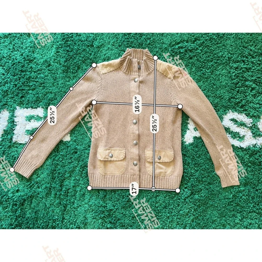 Tan Knit‎ Button Front Cardigan Sweater Canvas Shoulder Patches Metal Buttons